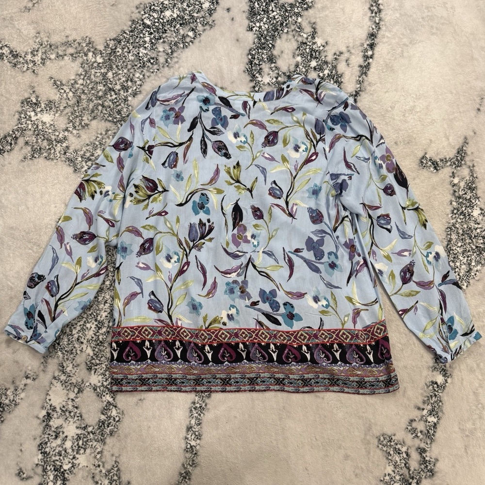 J Jill Womens‎ L Petite Floral Rayon Blouse Blue Long Sleeve Boho Border Print